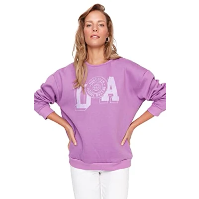 Abbildung von Trendyol Women&#039;s Crew Neck with Slogan Regular Sweatshirt, Purple, XS