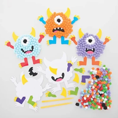 Abbildung von Baker Ross FE656 Monster Pom Bastelset 5er Pack, Selbstklebende Karte mit farbigen PomPoms zum Basteln für Kinder, Halloween Bastelaktivitäten