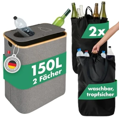 Abbildung von Blumtal Pflandflaschen Sammelbehälter 150L mit 2 Fächern Bambus Pfandflaschen Organizer Flaschensammler Leergut Sammler Loch Pfandsammler in Grau