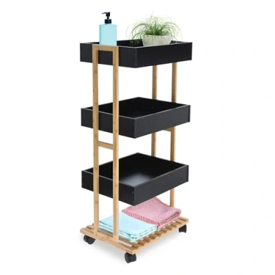 Abbildung von Spetebo Bambus Rollwagen eckig mit 4 Ablagen 87 x 40 cm Fahrbarer Küchenwagen Etagen Küchen Trolley Servierwagen Badezimmer Regal Beistellwagen für Küche Bad Flur fahrbar