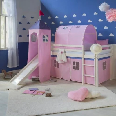 Abbildung von Homestyle4u Hochbett Kinderbett mit Leiter und Vorhang Weiß Rosa Holz Kiefer Lattenrost, Matratze, Rutsche, Tunnel Turm