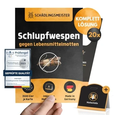 Abbildung von Panteer® Schlupfwespen gegen Lebensmittelmotten + GRATIS Mottenfalle 60 Karten (20 à 3 Lieferungen) Falle Motten Made in Germany