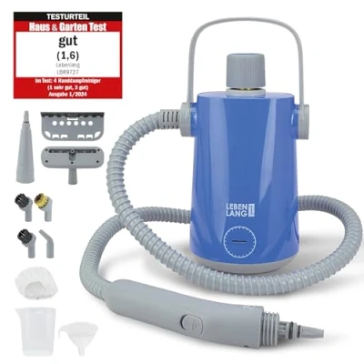 Abbildung von LEBENLANG Elektrischer Dampfreiniger Handgerät Steam Cleaner 1000W &amp; 300ml + 10x Zubehör Handdampfreiniger Dampf Reiniger Auto Heißluft Fugenreiniger für Bad Fliesen und Fugen Gerät Polstermöbel