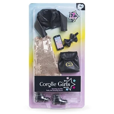 Abbildung von Corolle Girls Zubehörset Party, Trendy Gold schwarzes Partyoutfit mit 7 Teile, für alle 28cm Ankleidepuppen, ab 4 Jahre