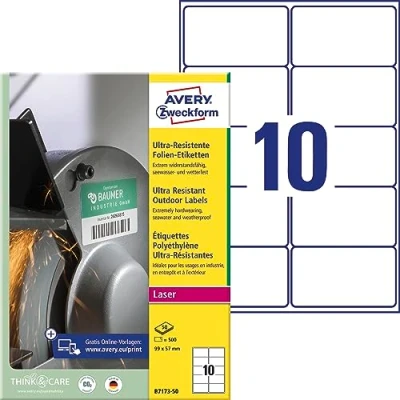 Abbildung von AVERY Zweckform B7173 50 Strapazierfähige Folienetiketten (500 Aufkleber, 99x57mm auf A4, extrem stark selbstklebend, für schwierige Oberflächen, bedruckbare Outdoor Klebefolie) Blatt, weiß