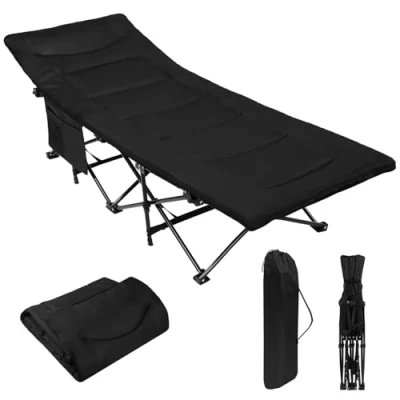 Abbildung von ALPIDEX Campingbett Feldbett bis 200 kg Seitentasche Bequem Auflage Weich Gepolstert Klappbar Faltbar Gästebett Liege Camping Garten, Farbe:Black