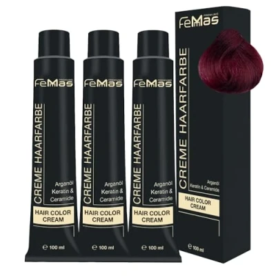 Abbildung von FemMas Haarfarbe 3x Mittelblond Violett Rot 7.26 I Professionelle Creme mit Arganöl, Keratin &amp; Ceramiden dauerthafte Haarfärbung oder Tönung für strahlende Farbergebnisse 100 ml