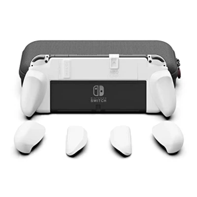 Abbildung von Skull &amp; Co. NeoGrip Bundle für Nintendo Switch OLED und Regular Modell: Eine andockbare Schutzhülle mit austauschbaren Griffen [passend alle Handgrößen] [mit Tragetasche] Weiß
