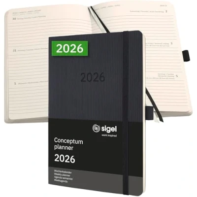 Abbildung von SIGEL C2622 Terminplaner Wochenkalender 2026, ca. A5, schwarz, Softcover, 192 Seiten, Gummiband, Stiftschlaufe, Archivtasche, aus nachhaltigem Papier, Conceptum