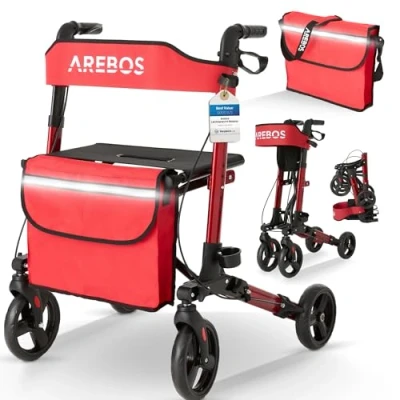 Abbildung von Arebos Rollator Aluminium, 6 fach höhenverstellbar, bequeme Sitzfläche, Stockhalter
