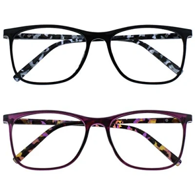 Abbildung von OPULIZE Arc Lesebrille 2er Pack Stilvolle Schlank Rechteckig Rahmen Gemusterte Bügel Federscharniere Kratzfest Schwarz Lila Herren Damen RR66 15 +2.00