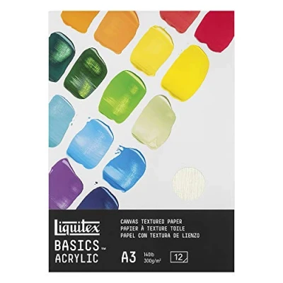 Abbildung von Liquitex 4602005 Basics Acrylpapier Malblock für Acrylfarben, 12 Blatt weiß, 300 g/m² schweres Malpapier Acrylmalerei, 100% säurefrei mit Leinwandprägung A3