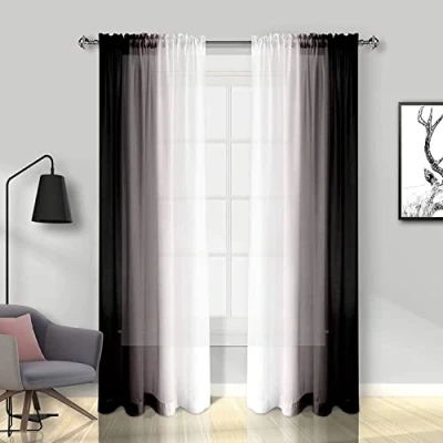 Abbildung von Melodieux Transparente Vorhänge, Farbverlauf, Stangentasche, 142 x 243,8 cm, Schwarz, 2 Vorhänge