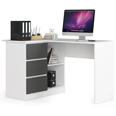 Abbildung von AKORD Eck Schreibtisch B 16 mit 3 Schubladen und 2 Ablagen ecktisch für Home Office Einfache Montage B124 x H77 T85, 48 kg Weiß &amp; Graphitgrau Front