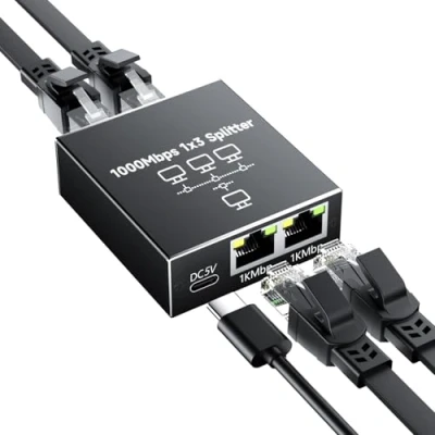 Abbildung von GlasFlength LAN Splitter 1 Auf 3 1000Mbps Ethernet Splitter, Switch Port Mit USB Type C Netzkabel Gigabit Stromkabel für Computer Hubs Switches Router Set Top Box Digital TV et