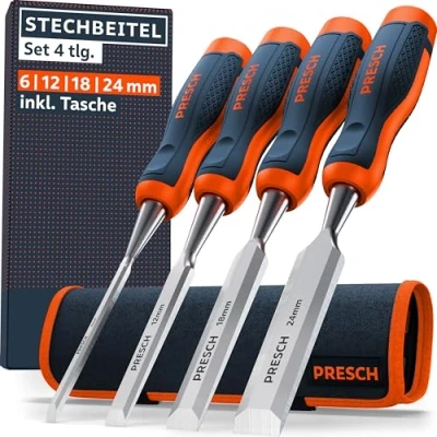 Abbildung von Presch Stechbeitel Set für Holz 4tlg. inkl. Tasche Fertig geschliffene Stemmeisen (6, 12, 18, 24mm) Profi Stecheisen mit 25 Keilwinkel robuster Metallschlagkappe