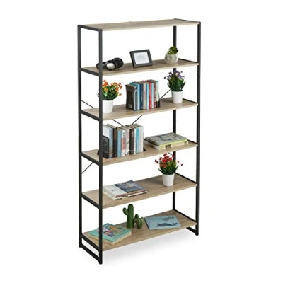 Abbildung von Relaxdays Standregal Industrial, hohes Bücherregal, offenes Design mit 6 Fächern, HBT 180x95x35 cm, aus PB/Metall, braun