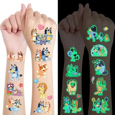 Abbildung von Leuchtende Tattoos für Kinder, 8 Blätter Temporäre Tattoo Jungen Mädchen, Cartoon Kindertattoos Deko Kindergeburtstag, Geburtstag Party Geschenk Kleine, Hautfreundliche
