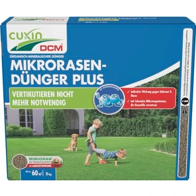 Abbildung von CUXIN DCM Mikrorasen Dünger Plus Langzeit Rasendünger MINIGRAN® TECHNOLOGY Kein Vertikutieren nötig organisch mineralischer NPK 3 KG für 60qm