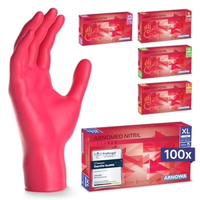 Abbildung von ARNOMED Einweghandschuhe Rot 100 Stück/Box, Nitrilhandschuhe XL, Einmalhandschuhe, Handschuhe Einweg puderfrei, latexfreie Gummihandschuhe, in XS, S, M, L &amp; XL verfügbar