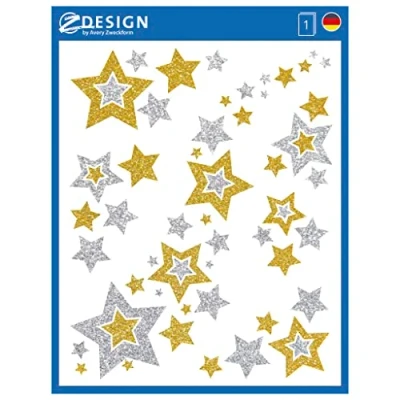 Abbildung von AVERY Zweckform 6 Fensterbilder Weihnachten Sterne gold/silber (Made in Germany, selbstklebende Fenstersticker, Weihnachtsdeko Fenster, Fensterfolie ablösbar, beglimmert) 1 Bogen/6 Aufkleber, 52952