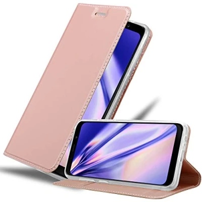 Abbildung von Cadorabo Hülle kompatibel mit Samsung Galaxy A8 2018 aus Premium Kunst Leder Flip Klappbare Stoßfeste Magnetische [Standfunktion] [Kartenfächern] Cover für Tasche in Rosa