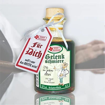 Abbildung von Kräuterlikör Gelenkschmiere Arzt Fit im Ruhestand 0,2 L 32% vol. Apothekerflasche Natur Holz Korken Geschenk zum für Rentner Opa Humorapotheke Spaßmedizin