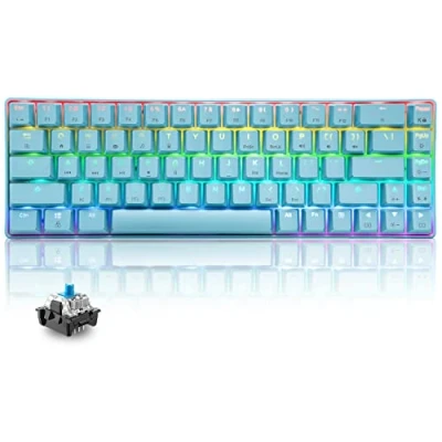 Abbildung von 60% mechanische Mini Tastatur, kompakt 68 Tasten, USB C, kabelgebunden, RGB 18 Chroma Rainbow Hintergrundbeleuchtung, tragbar, kompatibel mit PS4, Xbox, PC, Laptop, Mac Blau/Blaue Schalter