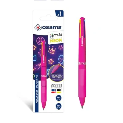 Abbildung von OSAMA 4 Multi Neon Kugelschreiber, mehrfarbig, 1,0 mm, bunte Stifte, personalisierte Farben, Tinte Schwarz, Blau, Rot und Neongelb (Mine 1,6 mm), Schreibwaren Schule Büro Universität