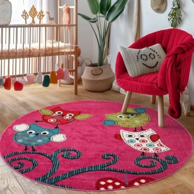Abbildung von Carpettex Kinderteppich Eulen Design, Rund, Höhe: 11 mm, Eule Design Baby Teppich Kinderzimmer Pflegeleicht