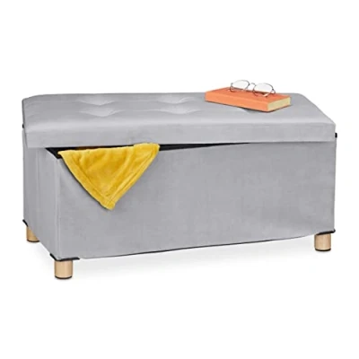 Abbildung von Relaxdays Sitzbank mit Stauraum, Polster, Samtbezug, Holzfüße, bis 120 kg, faltbar, Sitztruhe HBT: 34x76x38 cm, hellgrau