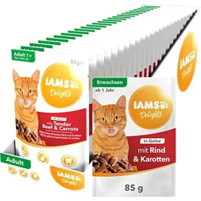 Abbildung von IAMS Delights Katzenfutter Nass mit saftigem Rind &amp; Karotten in Gelee vollwertiges Nassfutter für erwachsene Katzen, 24 x 85g Beutel