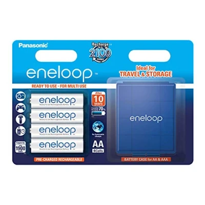 Abbildung von Panasonic eneloop, Ready to Use Ni MH Akku, AA Mignon, 4er Pack inkl. Akkubox, min. 1900 mAh, 2100 Ladezyklen, starke Leistung und geringe Selbstentladung, wiederaufladbare Akku Batterie, BK 3MCCEC4BE, Weiß