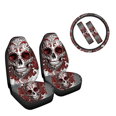 Abbildung von Woisttop Autositzbezüge mit Totenkopf Motiv, komplettes 5 teiliges Set Lenkradbezug, Sicherheitsgurtpolstern, passend für die meisten SUV, Pkw, Lkw