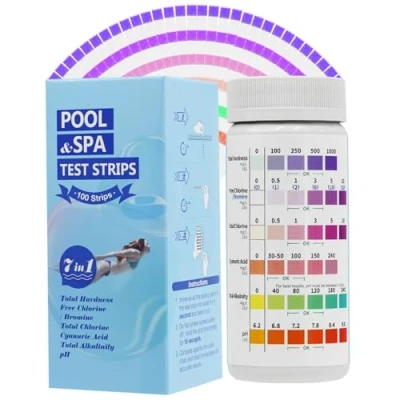 Abbildung von 100 Stück Pool Tester Wassertester, 7 IN 1 Poolwasser Teststreifen Spa Whirlpool für PH Wert, freies Chlor, Gesamthärte, Brom, Gesamtchlor, Cyanursäure, Gesamtalkalität (7 1)
