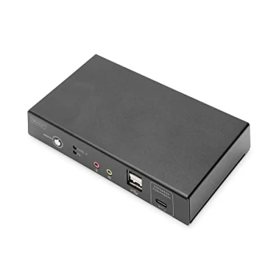 Abbildung von DIGITUS KVM Switch HDMI USB C für Notebook Anschluss 2 Port Single Display PC 1 Monitor 1x Maus, Tastatur &amp; Audio Computer RJ45 LAN Hub Laptop Schwarz