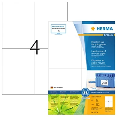 Abbildung von HERMA 10734 Recycling Etiketten, 80 Blatt, 105 x 148 mm, 4 pro A4 Bogen, 320 Stück, selbstklebend, bedruckbar, matt, blanko Papier Klebeetiketten Aufkleber, natur weiß