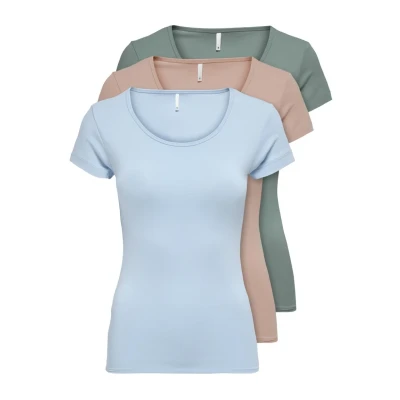 Abbildung von ONLY PACK OF 3 Tshirt basic, Damen, Größe: Large, Rose/green/blue