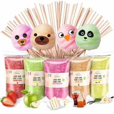Abbildung von GREENDOSO® Zuckerwatte Zucker für Zuckerwattemaschine (5x160 g) Natürliche Aromen &amp; Farbstoffe 5 Sorten (Erdbeere/Cola/Apfel/Marshmallow/Vanille) + 20 Stäbchen
