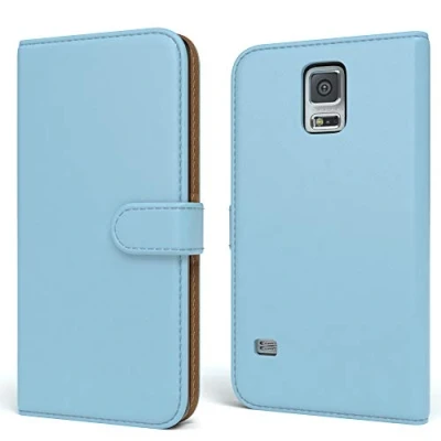 Abbildung von EAZY CASE Tasche kompatibel mit Samsung Galaxy S5/LTE+/Duos/Neo Schutzhülle Standfunktion Klapphülle Bookstyle, Handytasche Handyhülle Magnetverschluss und Kartenfach, Kunstleder, Hellblau