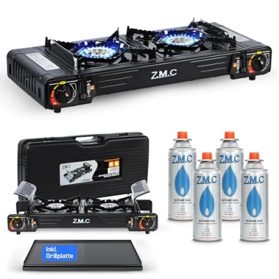 Abbildung von ZMC Gaskocher PREMIUM Butan Campingkocher 2 flammig + Gaskartuschen 227g, (Doppel Kartuschenkocher mit Zündsicherung, Piezozündung, Wärmeleistung: 2,0KW), für Outdoor und Innenraum, Gasherd Kochfeld Gas Kocher Herd