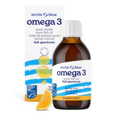 Abbildung von Arctic Blue Omega 3 Fischöl 150 ml flüssig hochdosiert mit DHA, EPA und Vitamin D ohne Aufstoßen oder Fischgeruch arktisches MSC Zertifiziert Orangengeschmack