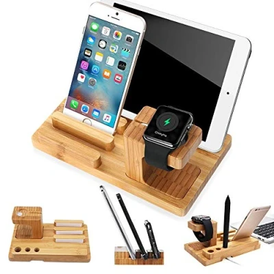 Abbildung von Bambus Holz Ladestand Aufladung Docking Station/Cradle/Halter/Ladegerät Stand/Handy Halterung Compatible iPhone XS MAX XR X 8 7 6S Plus iPad