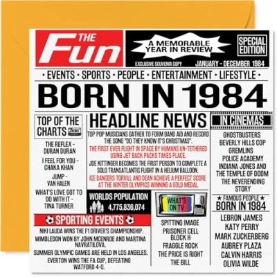 Abbildung von Geburtstagskarte zum 40. Geburtstag für Männer und Frauen, Zeitung &quot;Born in 5,039.4 cm Happy 40 Mutter, Vater, Onkel, Tante, Vintage, Retro, Back 1984, 145 x mm,