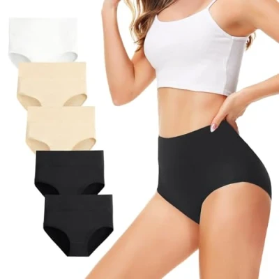 Abbildung von TUUHAW Unterhosen Damen Unterwäsche 5er Pack Slip Miederhose Baumwolle Hoher Taille Atmungsaktive Schwarz Hautfarbe Weiß_2XL