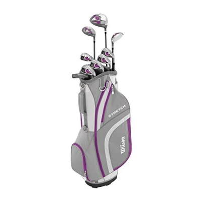 Abbildung von Wilson Anfänger Amazon Exclusive Komplettsatz, 9 Golfschläger mit Cartbag, Damen, Linkshand, Stretch XL, weiß/grau/violett, WGG157556