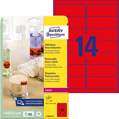 Abbildung von AVERY Zweckform L7263R 25 leuchtend neonrote Etiketten (350 Aufkleber, 99,1x38,1mm auf A4, selbstklebend, bedruckbar, wiederablösbar, farbige Klebeetiketten zum auffälligen Kennzeichnen) Blatt