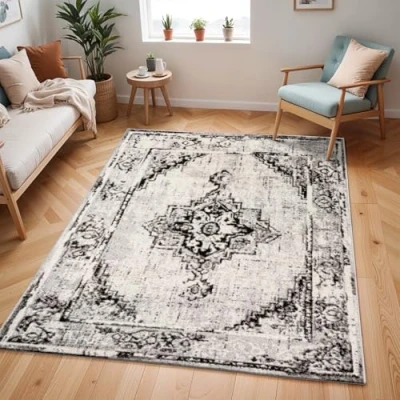 Abbildung von Surya Stowe Vintage Teppich Wohnzimmer, Esszimmer, Flur, Rugs Living Room Boho Orientalisch Style, Kurzflor Carpet Bunter Grau, Schwarz, Elfenbein 150x213cm