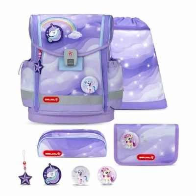 Abbildung von Belmil Classy Plus Schulranzen Set 5 teilig Over the Rainbow mit Brustgurt, Magnetverschluss, Patch 3 Stück Schulrucksack