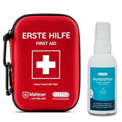 Abbildung von Erste Hilfe Set Outdoor nach DIN 13167 Reiseset für Unterwegs Wandern Camping Motorrad Fahrrad First Aid Kit Survival und Notfall (1x Traveller + 1x Wundspray)